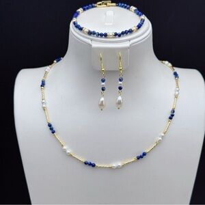 26X36 Handmade Freshwater Baby Pearl Lapis Necklace Bracelet Earrings 3Pcs Set